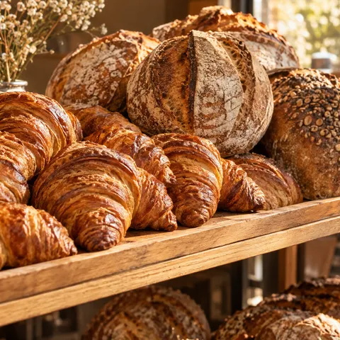Croissanty a chleby v regálu pekárny