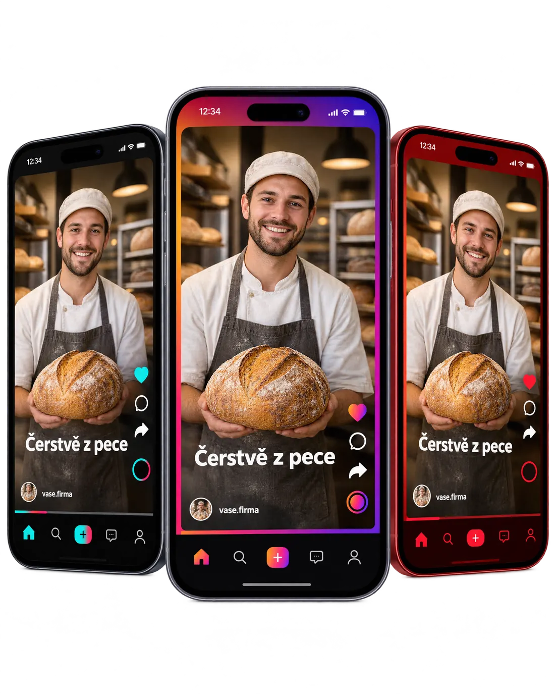 Tři telefony se stejným videem v aplikacích TikTok, Reels a Shorts